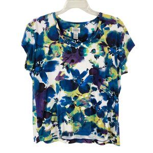 Chicos Size 3 Floral Cap Sleeve T-Shirt XL Stretch Artsy Art-To-Wear